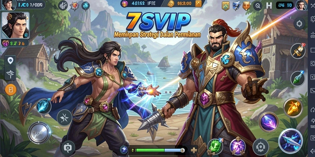 Tangkapan layar utama 7SVIP menampilkan strategi pertempuran yang intens.