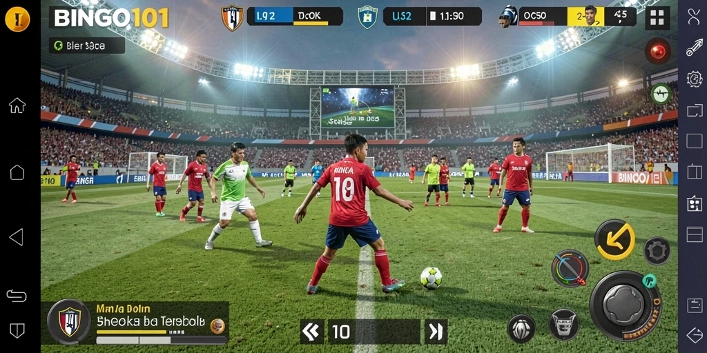Tangkapan layar gameplay BINGO101 dengan aksi sepak bola yang seru.