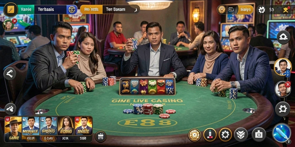 Tampilan gameplay Live Casino yang menakjubkan di E88 dengan dealer dan suasana nyata.
