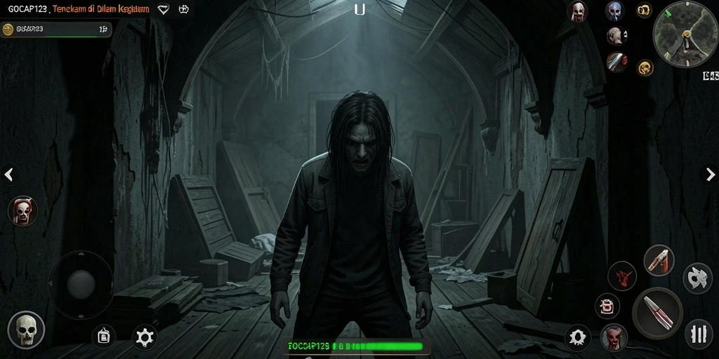 Screenshot gameplay GOCAP123 menampilkan suasana horor yang mencekam.