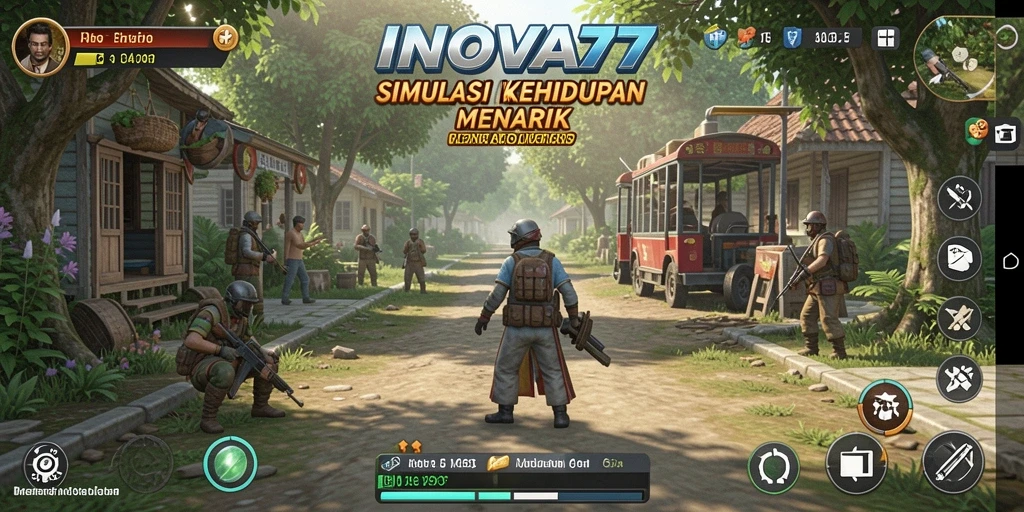Tampilan gameplay INOVA77 yang menunjukkan interaksi karakter dalam lingkungan virtual.