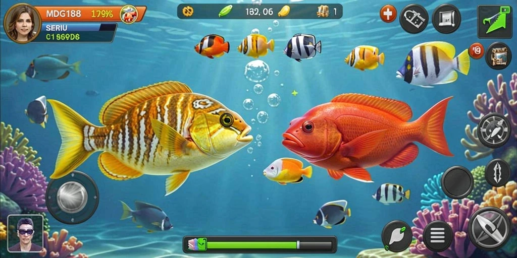 Tampilan gameplay seru di MDG188 dengan berbagai ikan untuk ditembak.