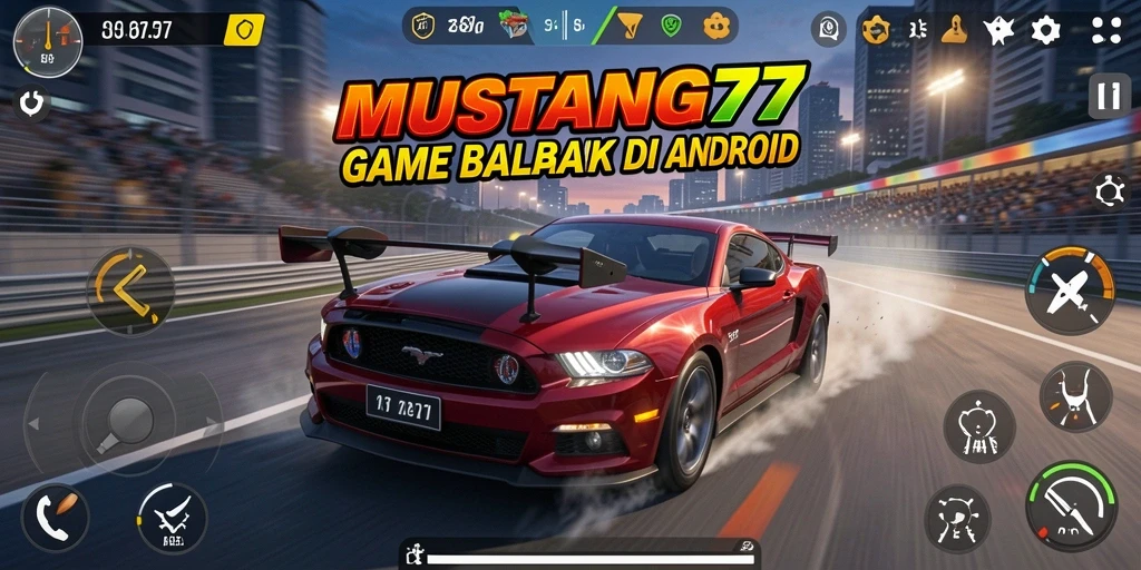 Screenshot utama MUSTANG77 menampilkan aksi balapan mendebarkan di trek menantang.