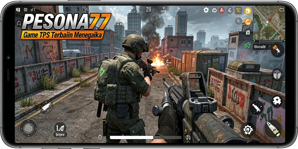 Screenshot utama PESONA77 menampilkan aksi gameplay TPS yang seru.