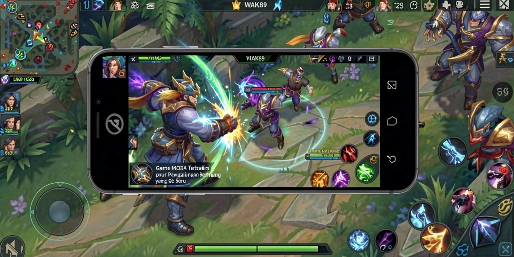 Screenshot WAK89 menampilkan aksi pertempuran seru di arena MOBA.